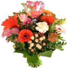 Bouquet of colorful flowers with heart balloon (Bouquet of colorful flowers larger with I love you balloon insert)